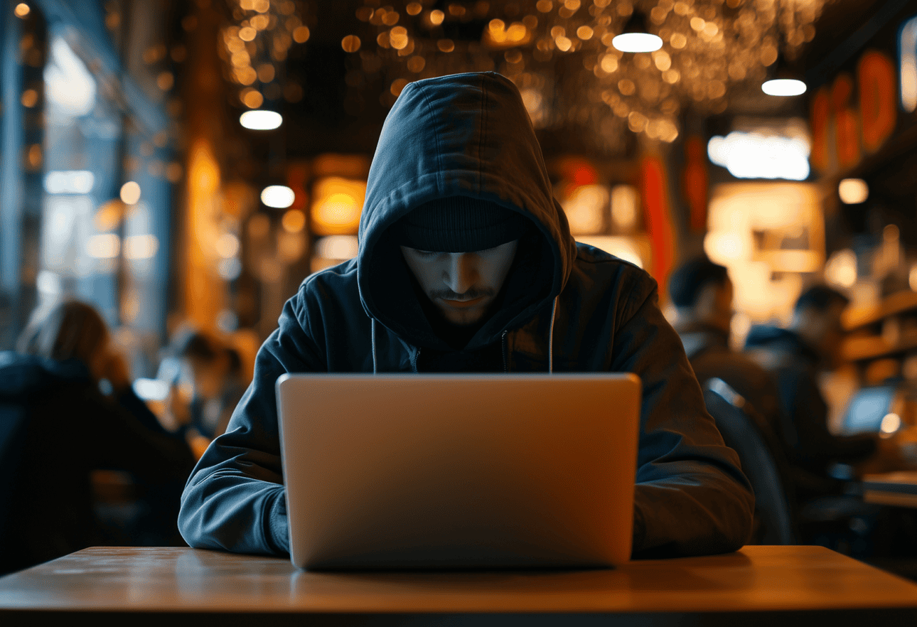 Hacker sitting at a laptop in a coffee shop