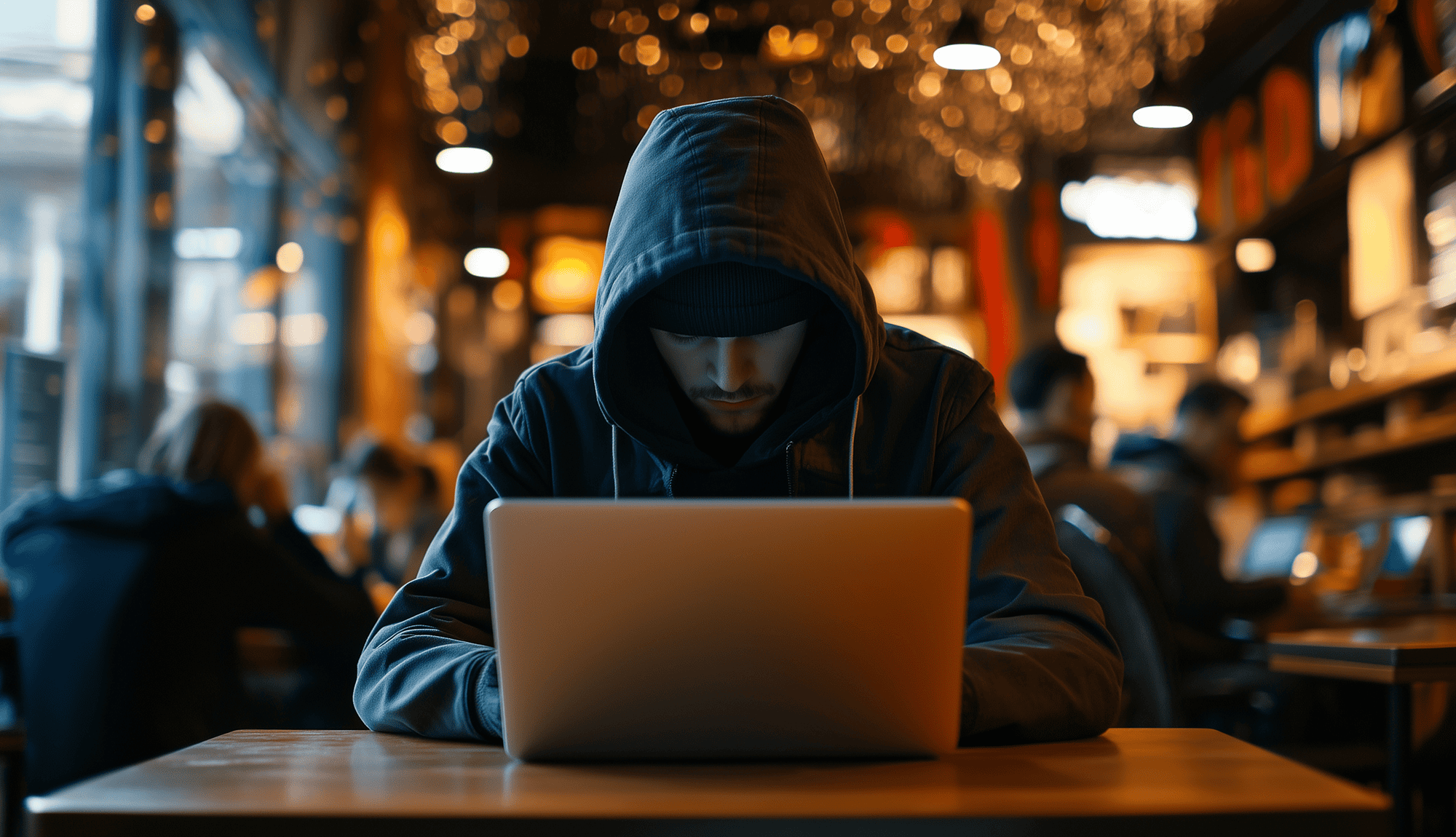 Hacker sitting at a laptop in a coffee shop