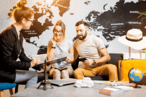 Travel agency meeting with world map background.