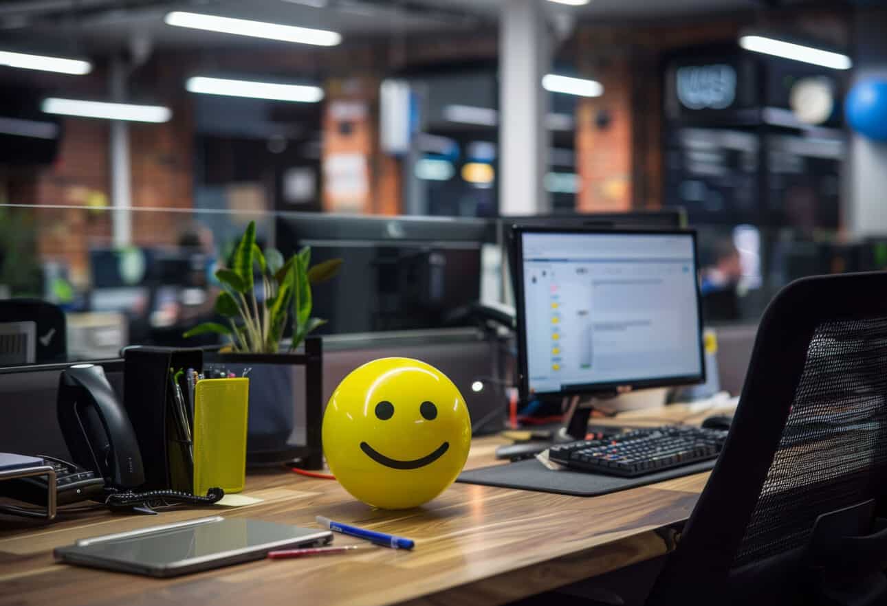 Office desk with computer and smiley face balloon.