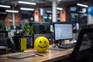 Office desk with computer and smiley face balloon.