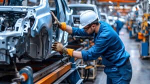 Worker assembling car on production line.