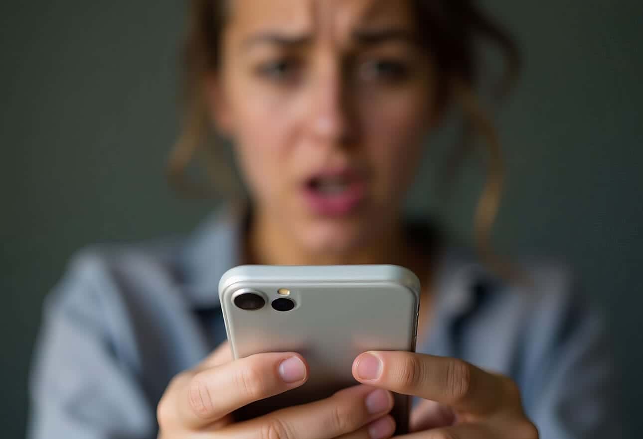 Confused woman looking at smartphone screen closely.