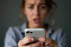Confused woman looking at smartphone screen closely.