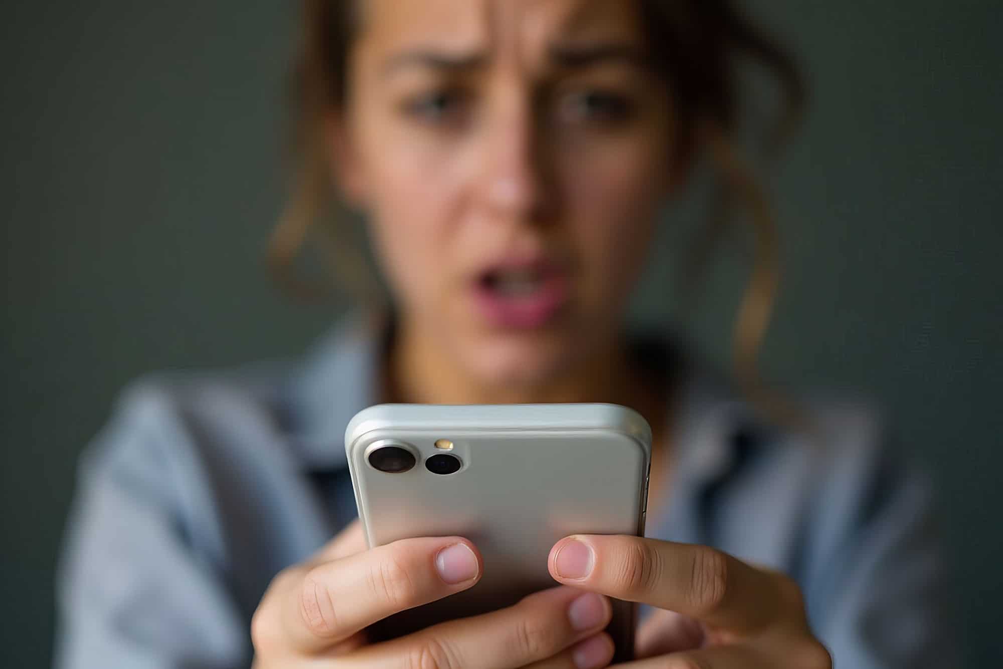 Confused woman looking at smartphone screen closely.