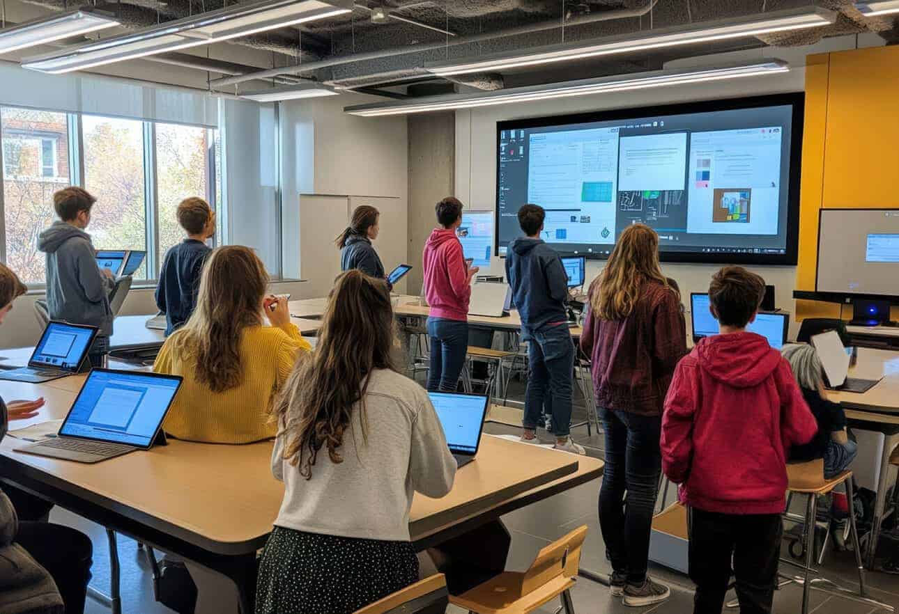 Students learning with laptops and large screen display.