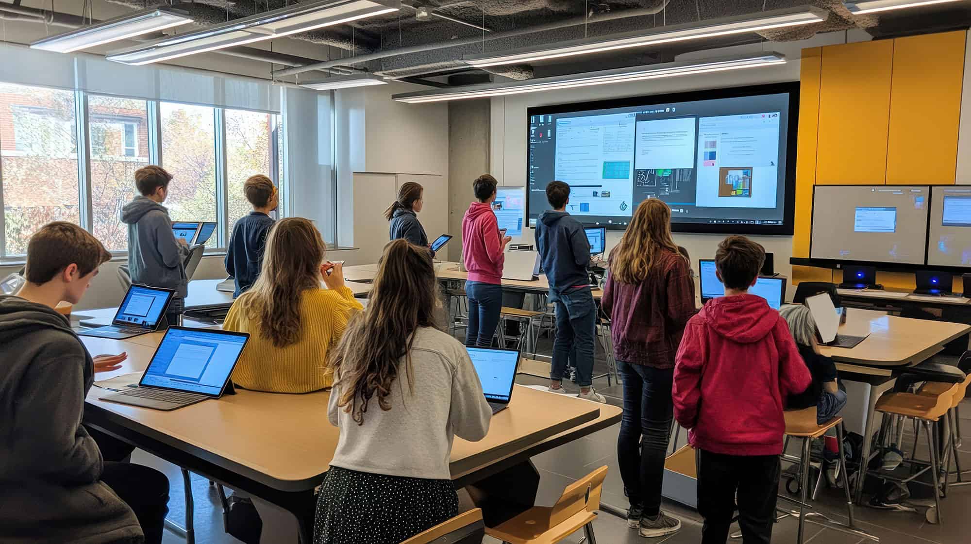 Students learning with laptops and large screen display.