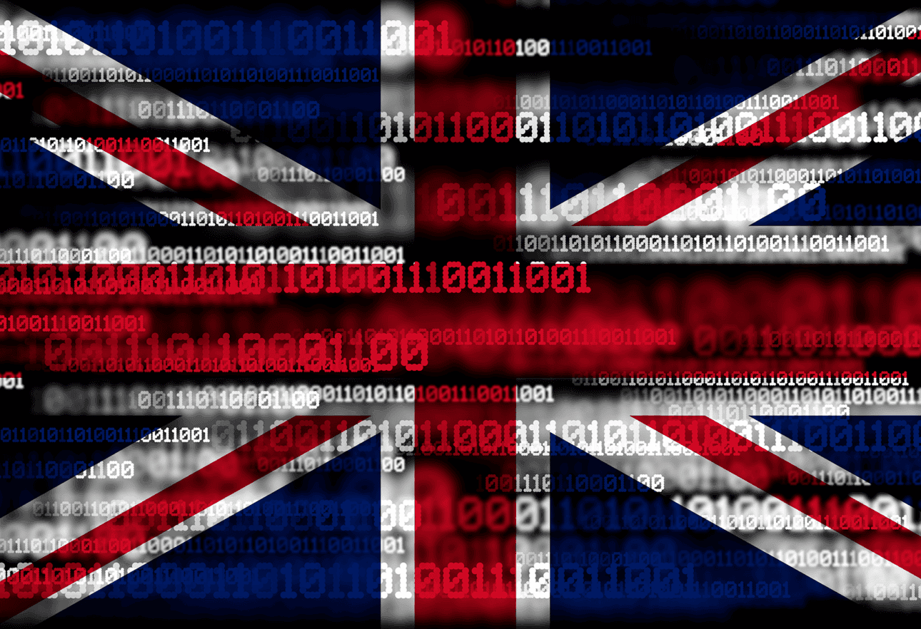 UK flag overlaid with binary code