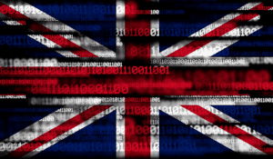 UK flag overlaid with binary code