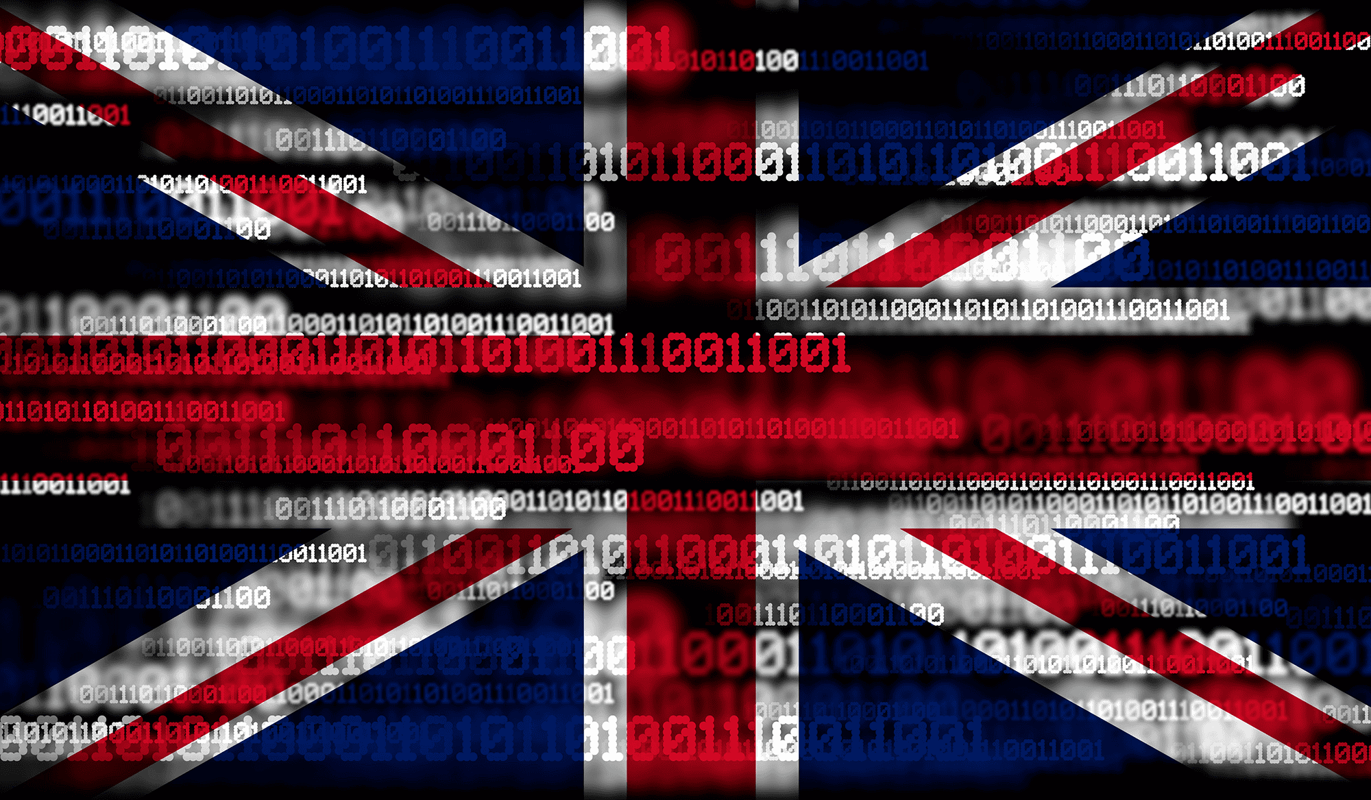 UK flag overlaid with binary code