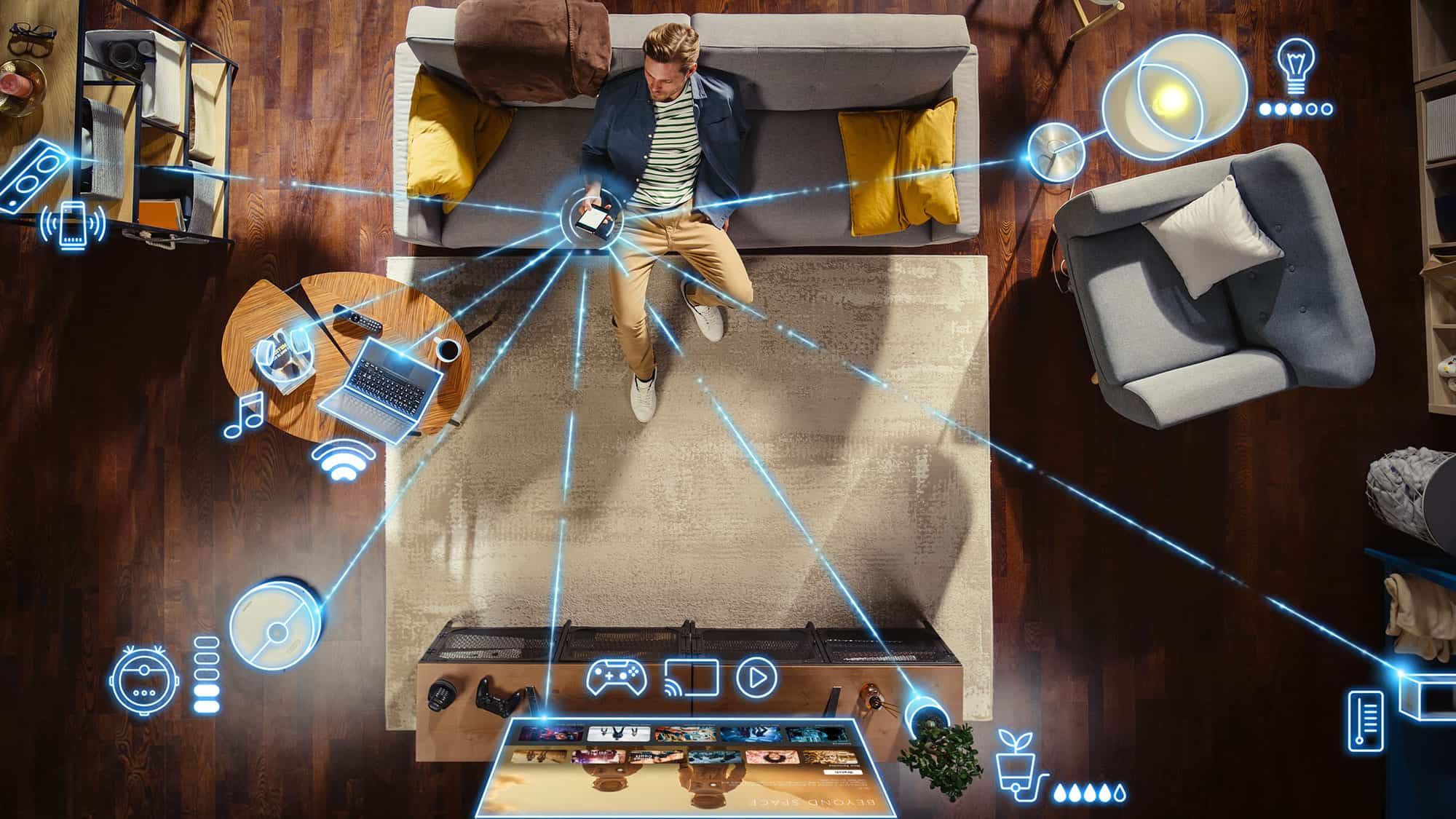 Man controlling smart home devices with phone.
