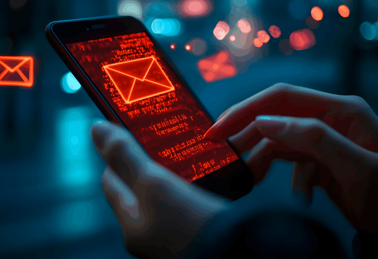 Person using smartphone with digital email icons.