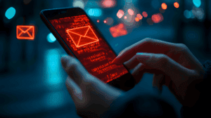 Person using smartphone with digital email icons.