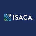 ISACA logo with blue background and abstract design.