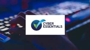 Cyber Essentials logo with keyboard background.