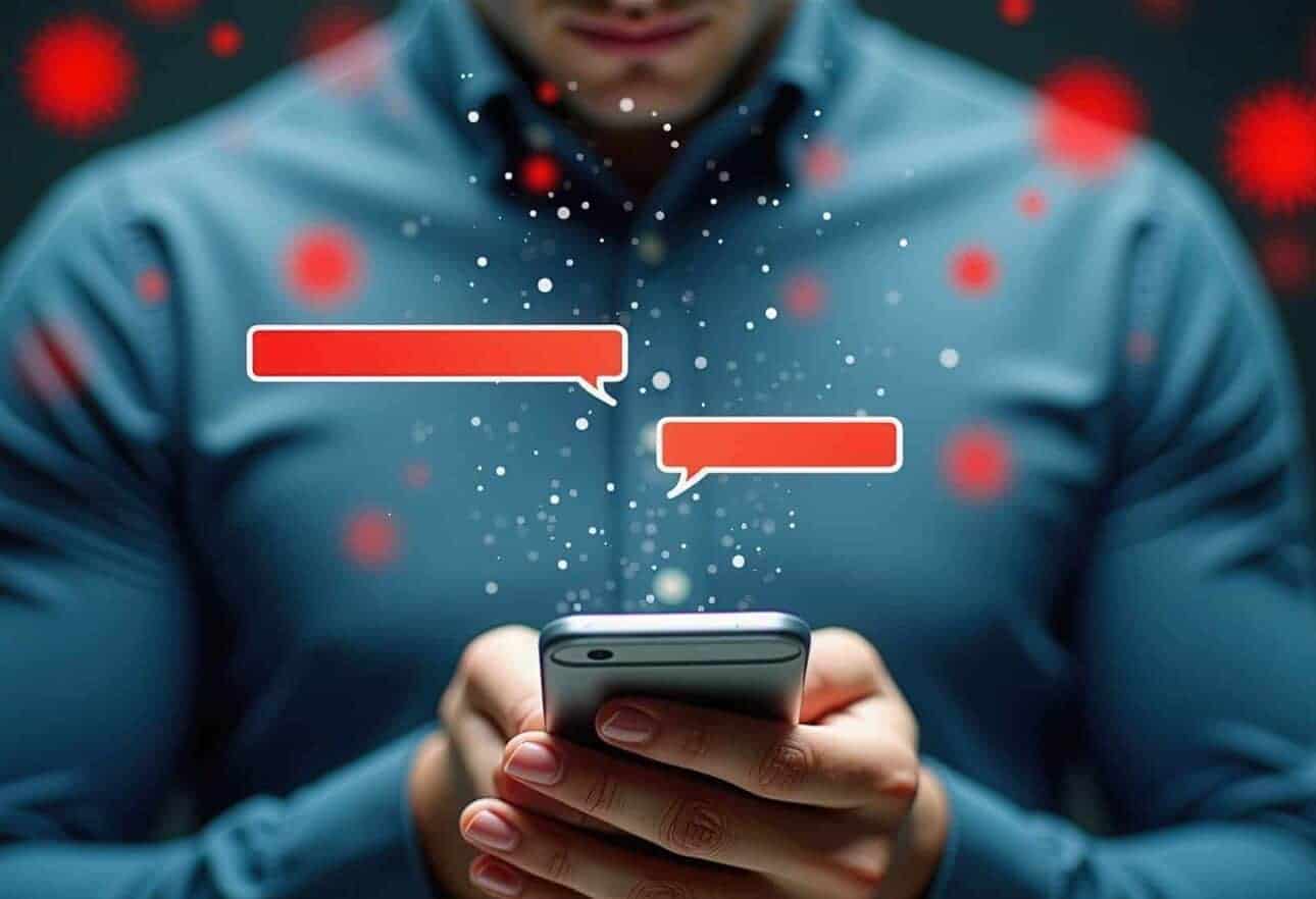 Person texting surrounded by digital speech bubbles.