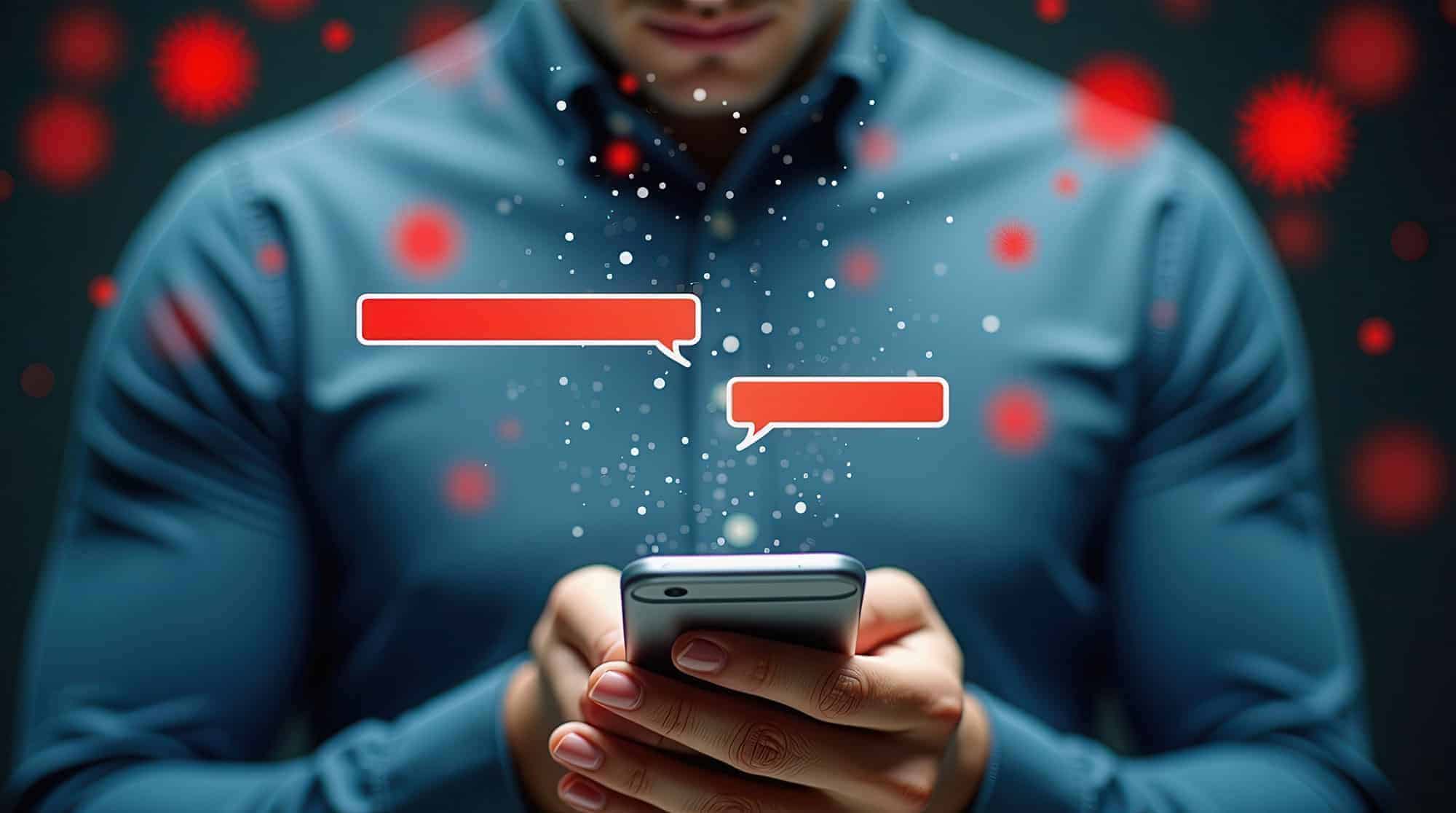 Person texting surrounded by digital speech bubbles.