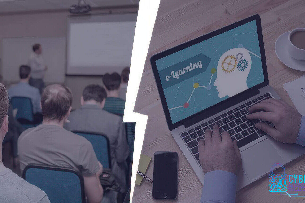 Comparing traditional learning with e-learning on a laptop.