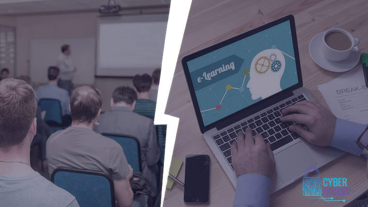 Comparing traditional learning with e-learning on a laptop.