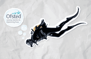 Diver swimming underwater with Ofsted logo.