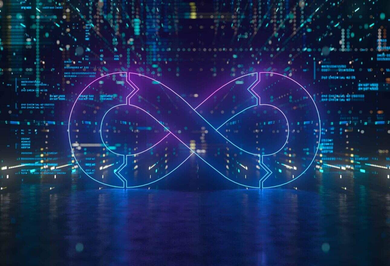 Glowing infinity symbol amid digital data streams.