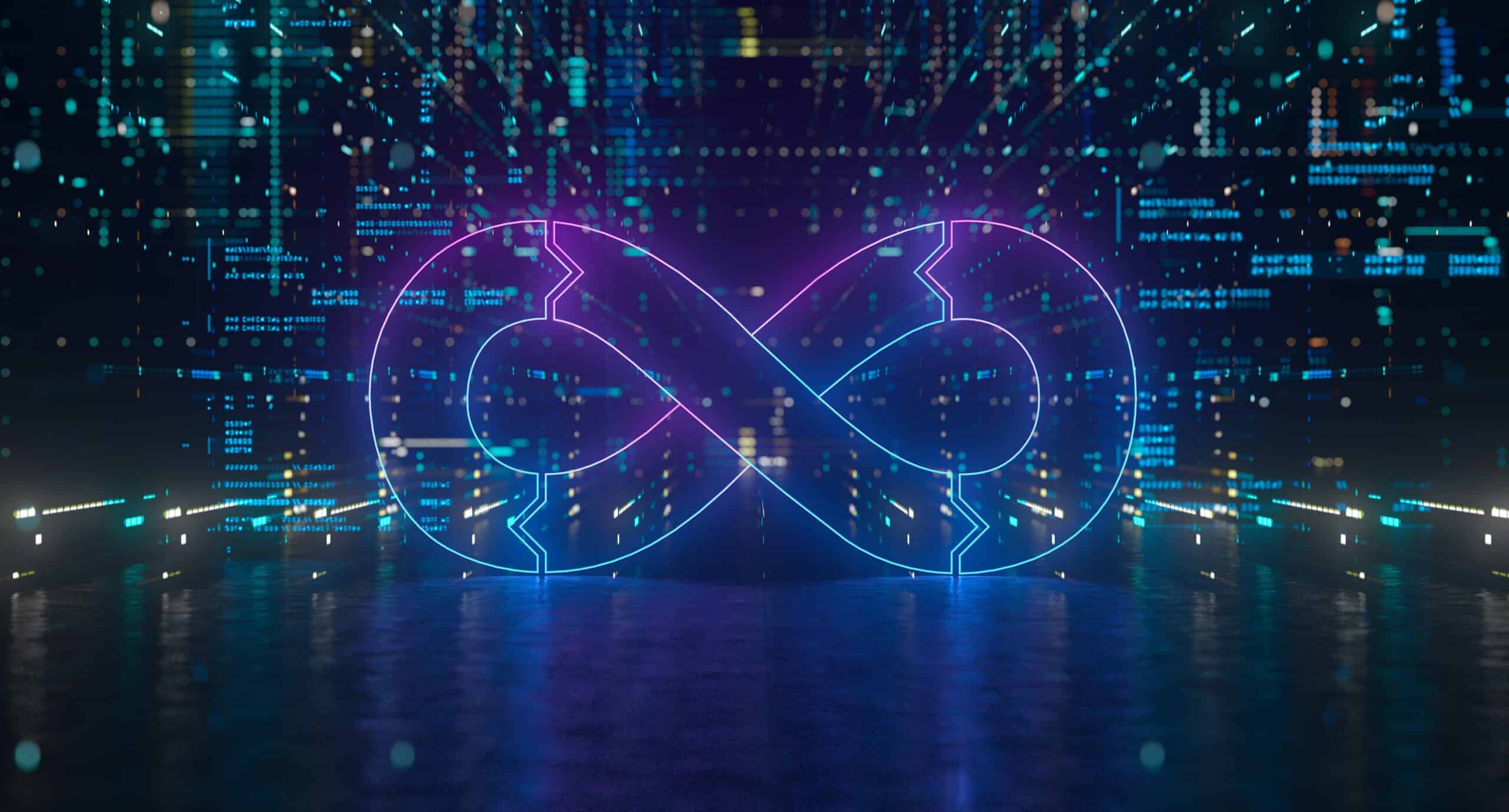 Glowing infinity symbol amid digital data streams.