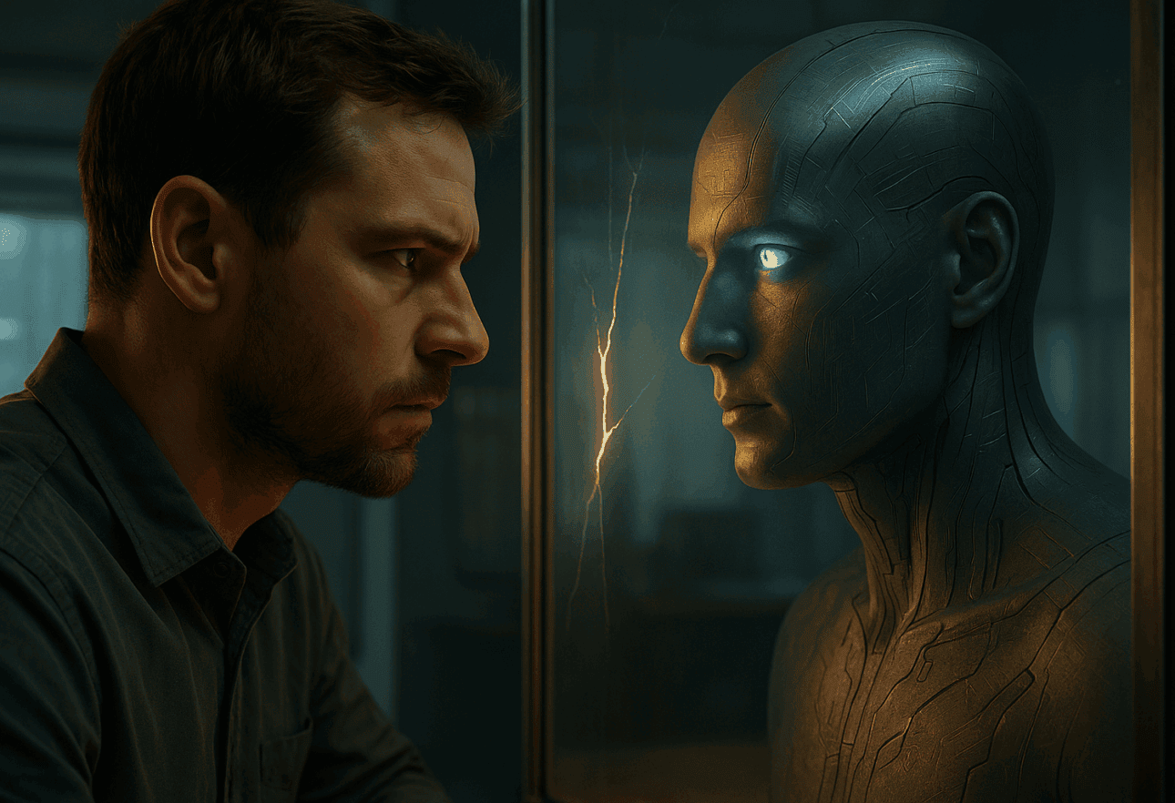 A realistic image of a man looking into a cracked digital mirror where his reflection appears as an AI version of himself