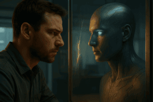 A realistic image of a man looking into a cracked digital mirror where his reflection appears as an AI version of himself
