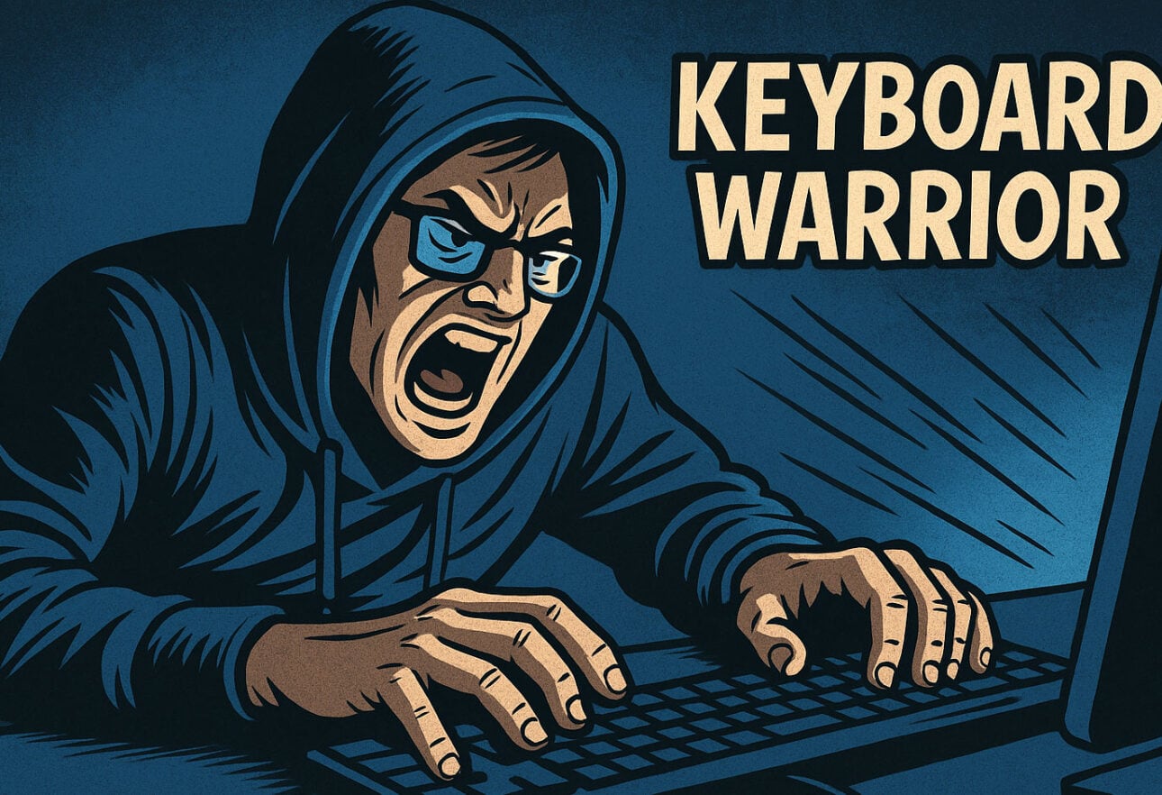 Angry person typing on keyboard, labelled 'Keyboard Warrior'.