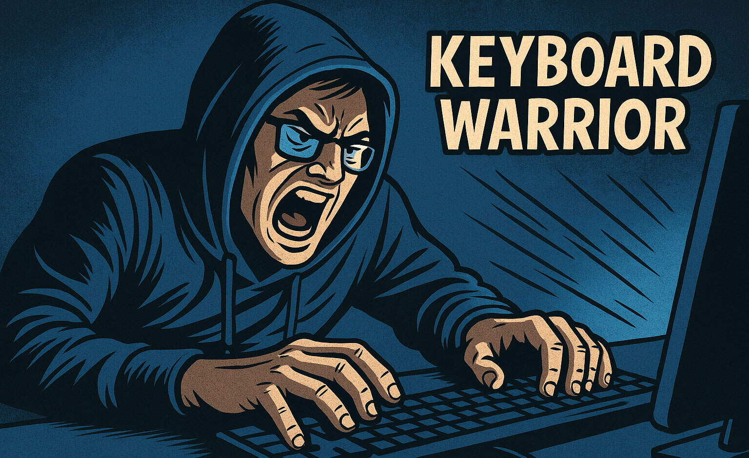 Angry person typing on keyboard, labelled 'Keyboard Warrior'.