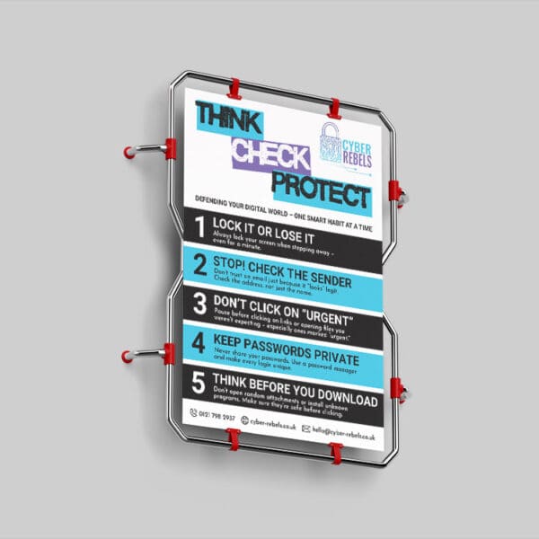 Cyber security tips poster on a wall.