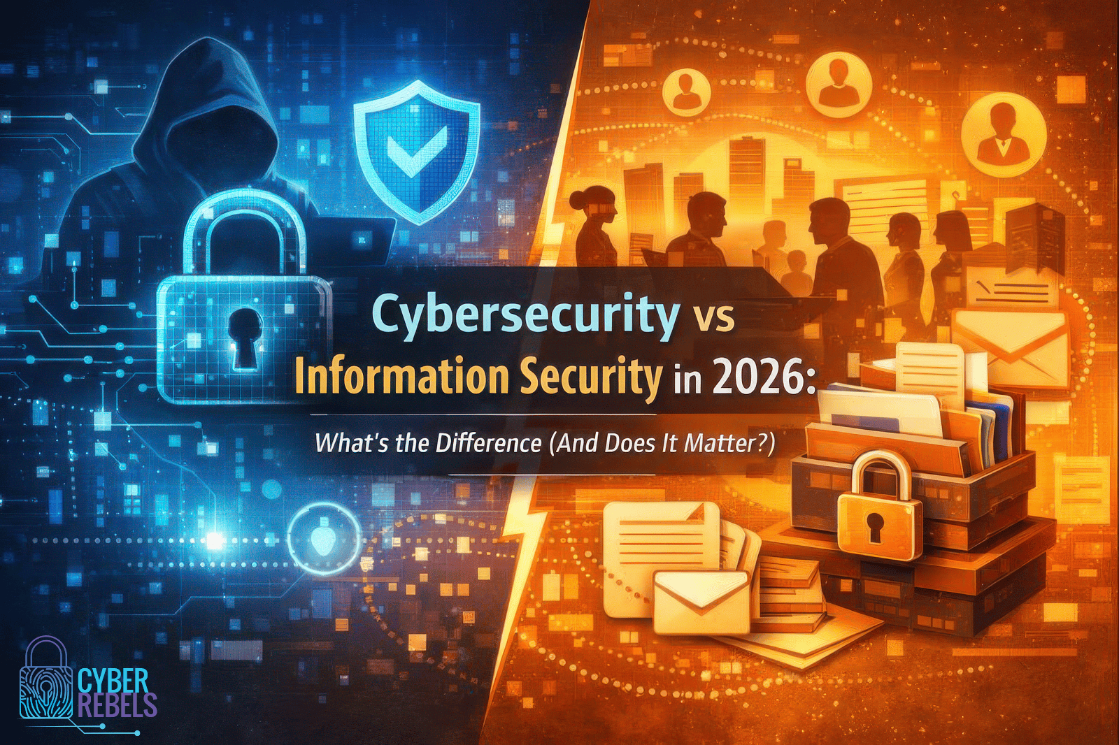 Cybersecurity vs Information Security debate illustration 2026