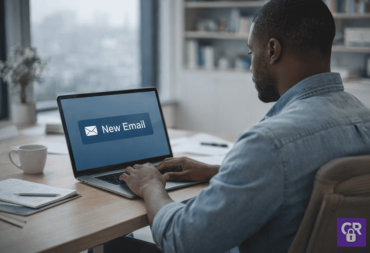 Person receiving new email on laptop screen.