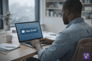 Person receiving new email on laptop screen.