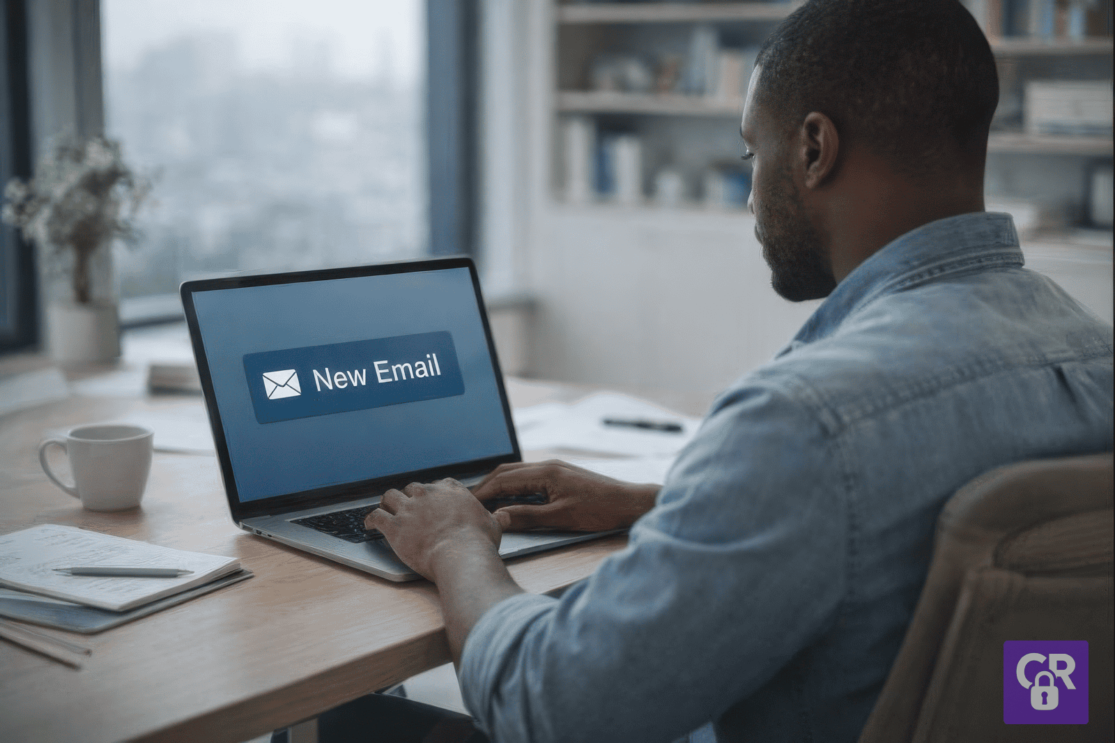 Person receiving new email on laptop screen.