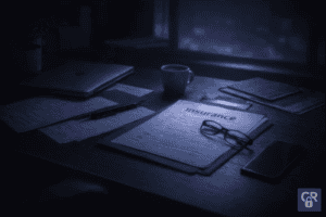 Desk with insurance documents, laptop, and phone.