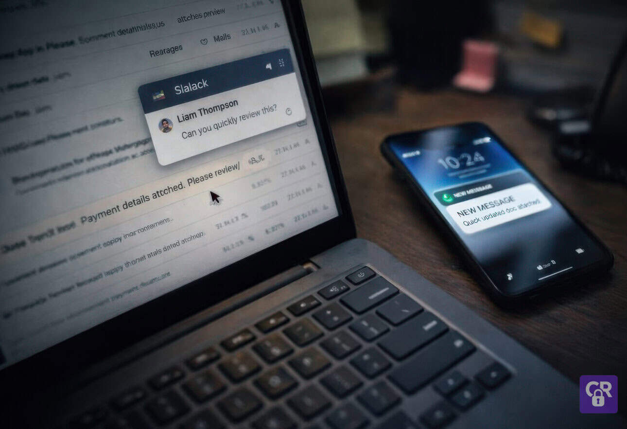 Laptop and smartphone with message notifications displayed.