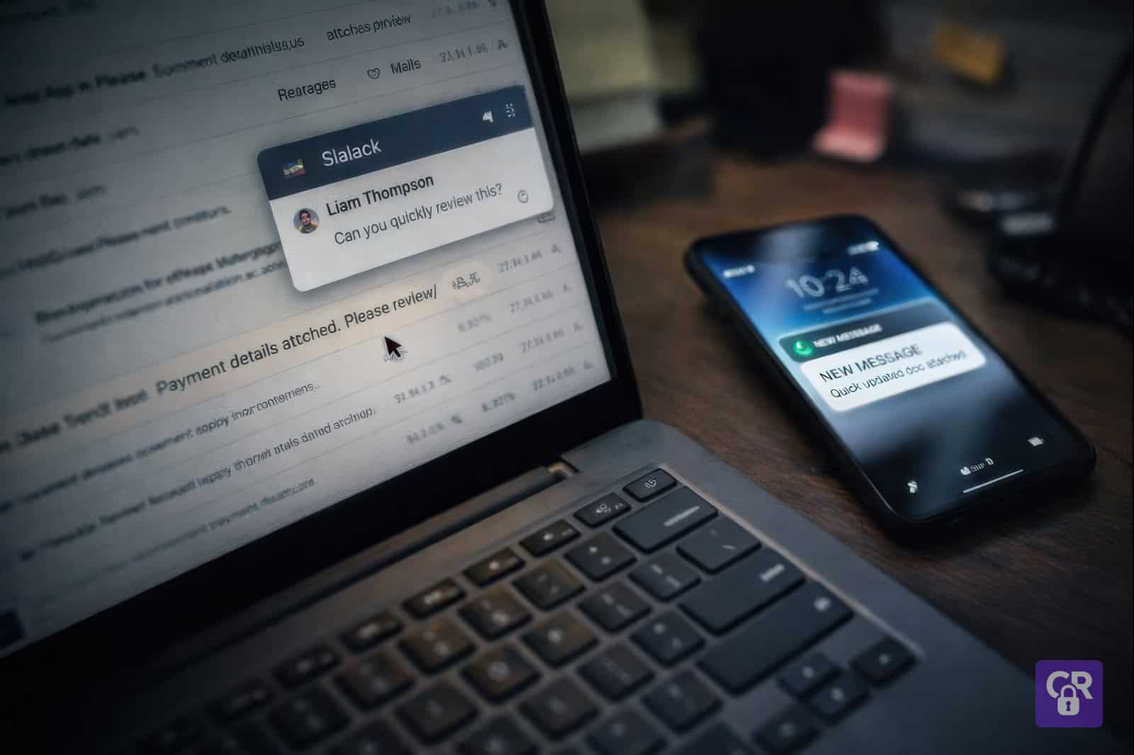 Laptop and smartphone with message notifications displayed.
