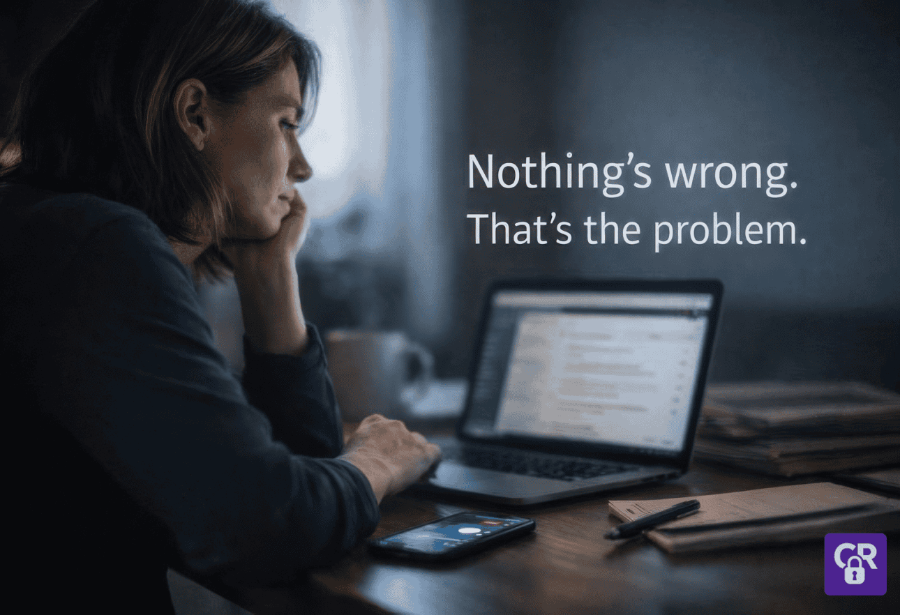 Woman looking at laptop with frustrated expression.