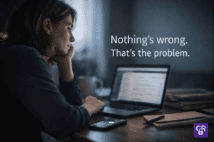 Woman looking at laptop with frustrated expression.