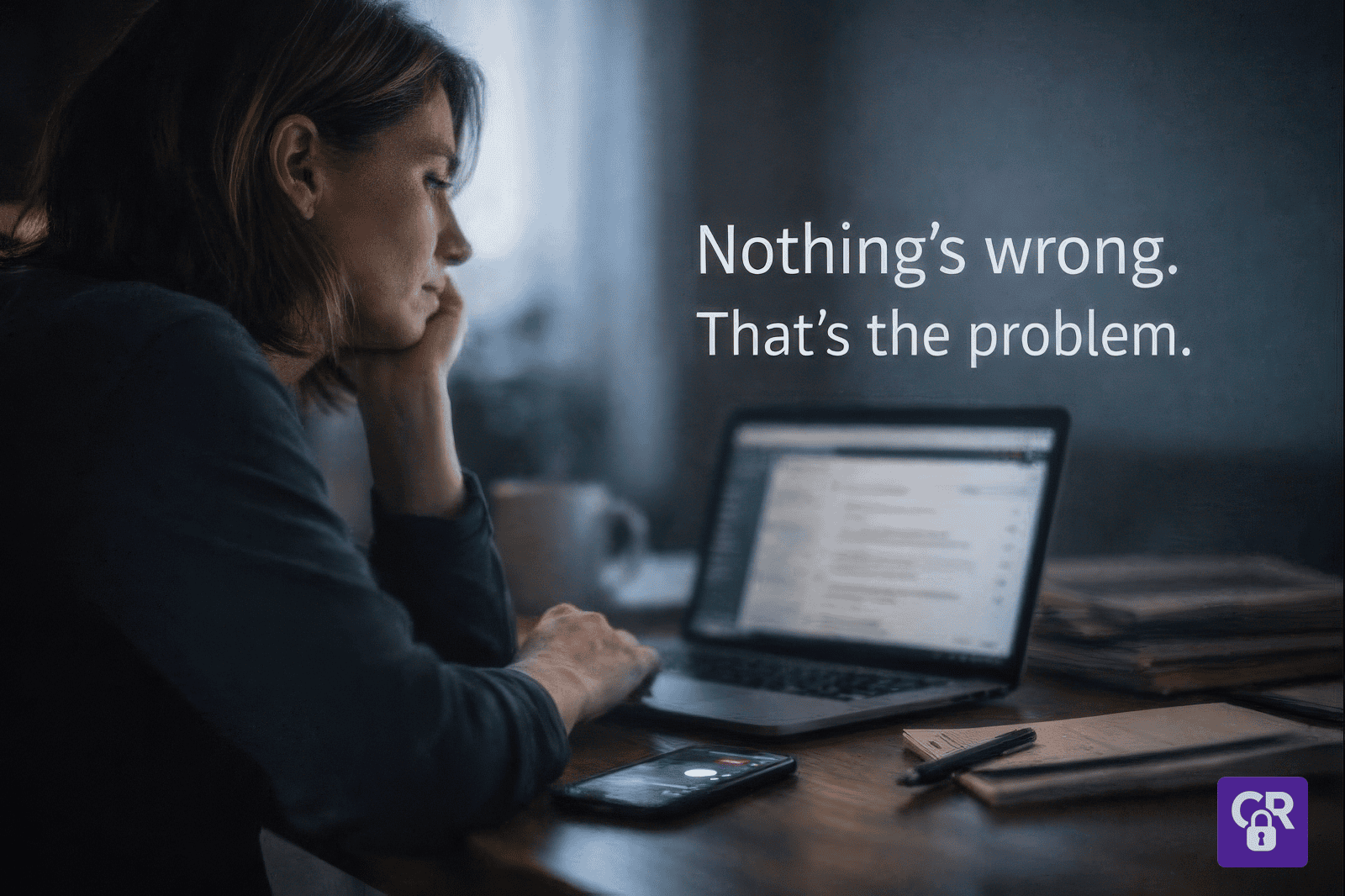 Woman looking at laptop with frustrated expression.