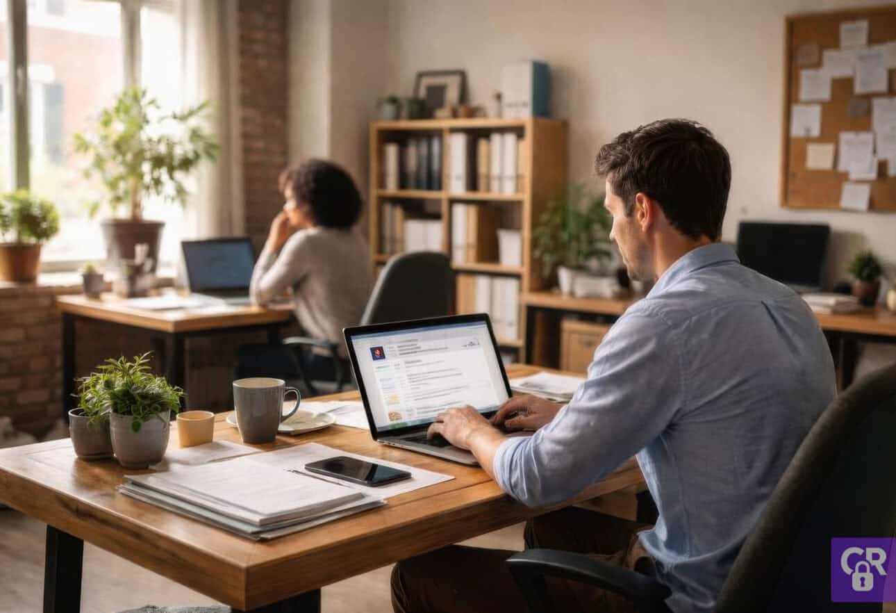 Office workers using laptops in modern workspace.