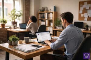 Office workers using laptops in modern workspace.