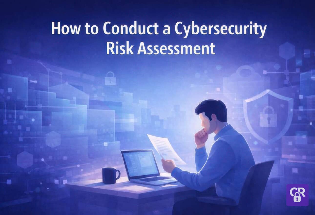 Person reviewing cybersecurity risk assessment on laptop.