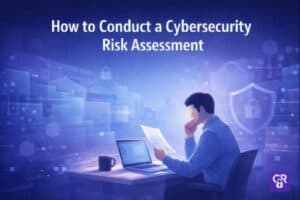 Person reviewing cybersecurity risk assessment on laptop.