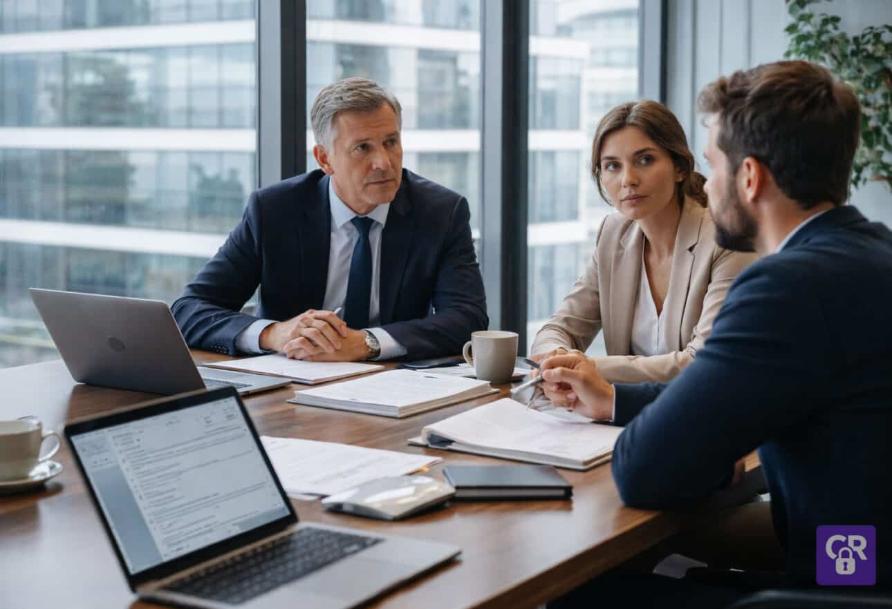 Business meeting with three professionals discussing documents.