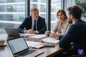 Business meeting with three professionals discussing documents.