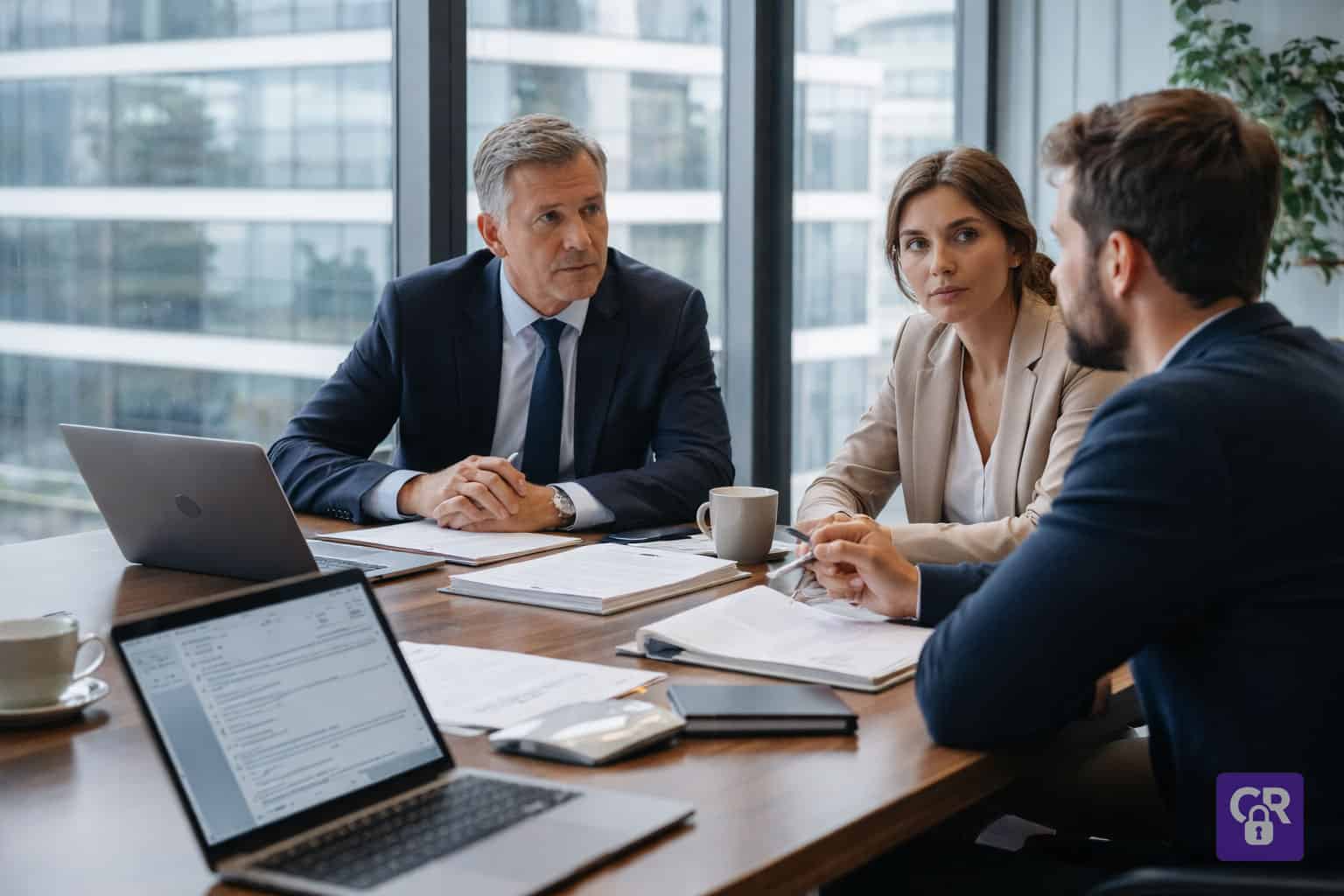 Business meeting with three professionals discussing documents.