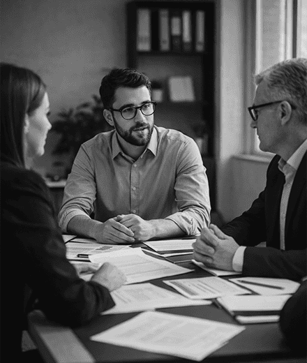 Three people discussing business at a table.