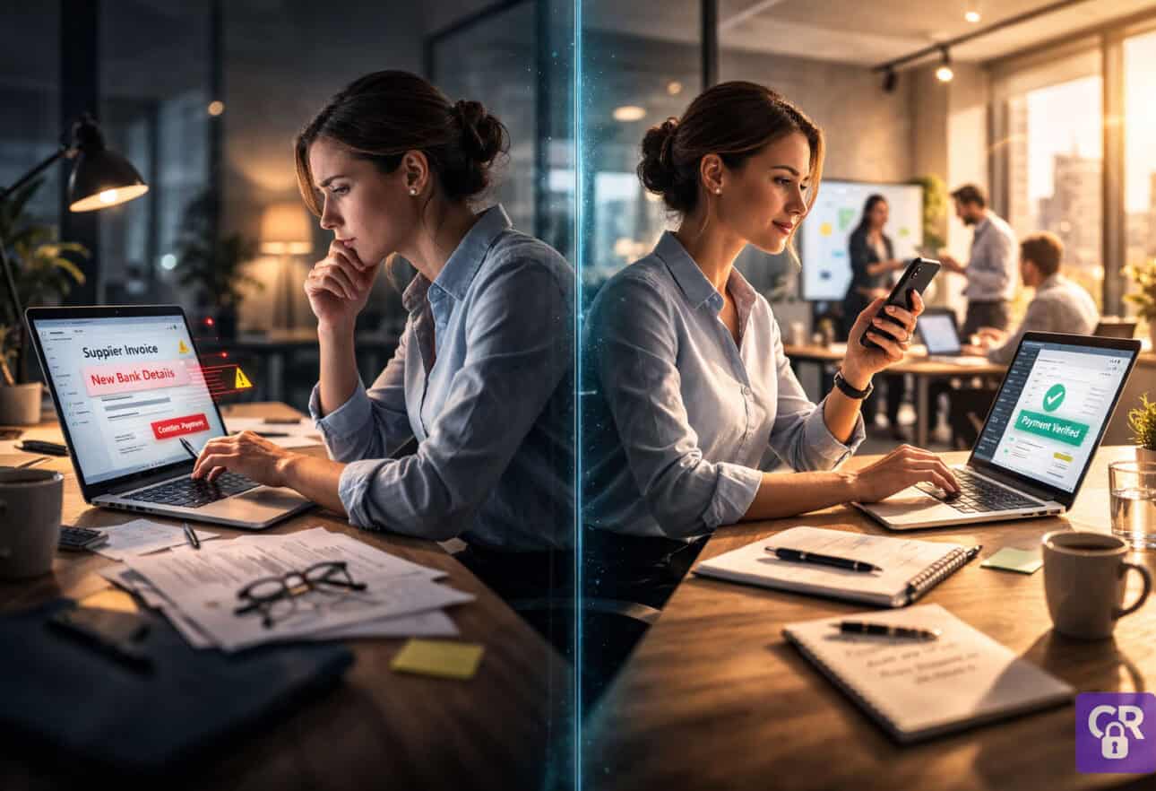 Woman verifies payment details on laptop and phone.